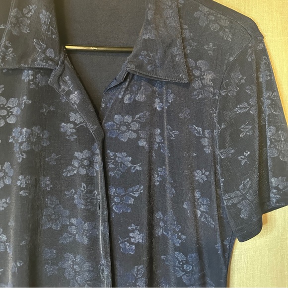 VINTAGE FLORAL NAVY BLUE SEMI-SHEER BLOUSE BUTTON UP FAIRYCORE - Picture 3 of 3